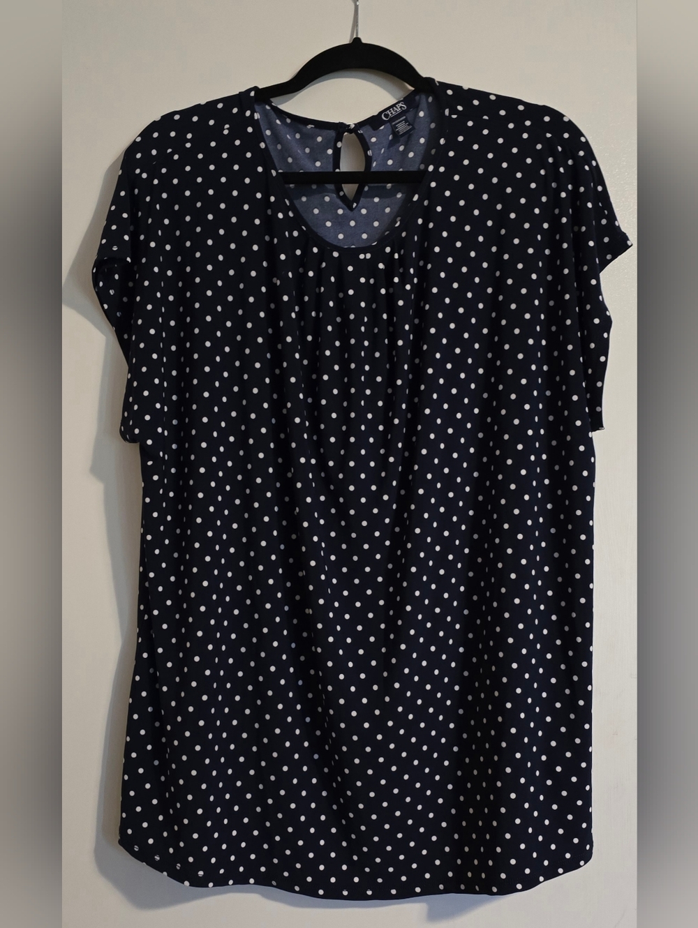 Chaps Navy and White Polka Dot Short Sleeve Blouse